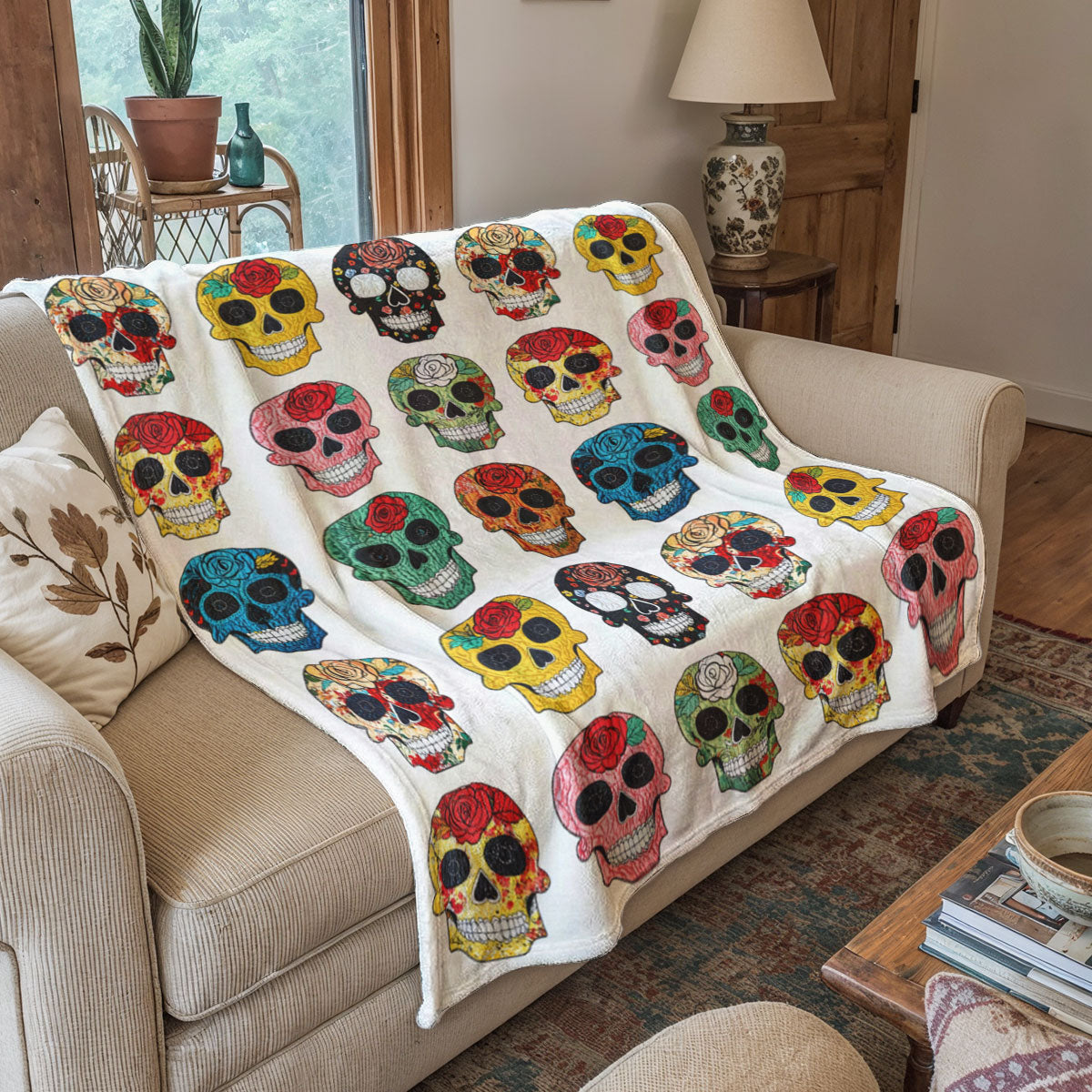 Skull Fleece Blanket Colorful Rose Sugar Skulls