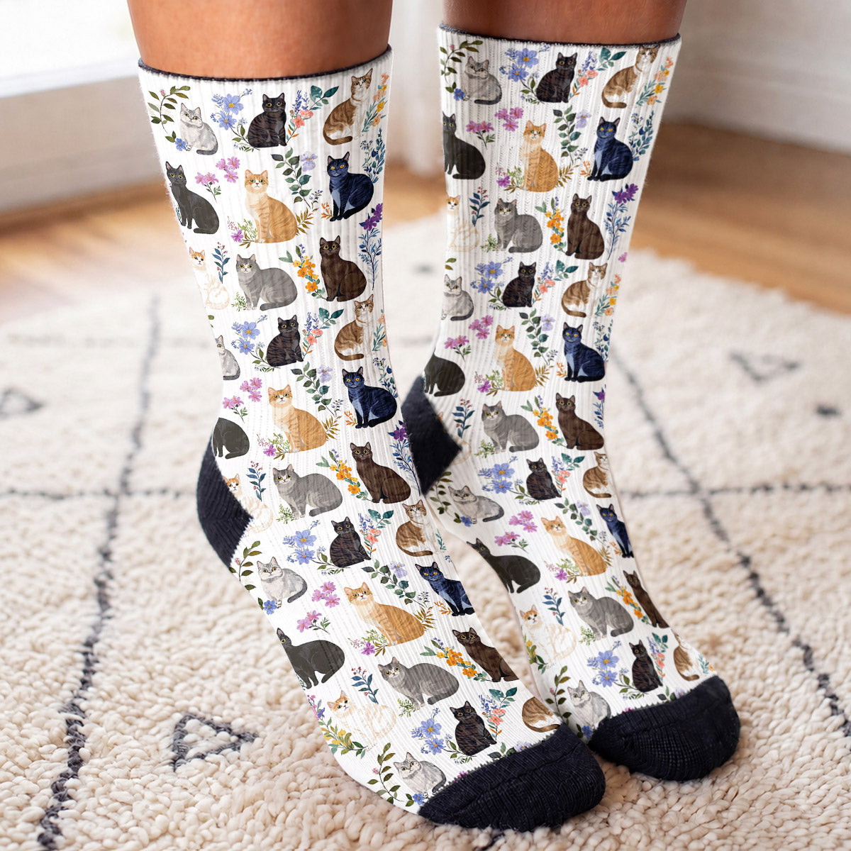 Cat Crew Socks Charming Floral Cats