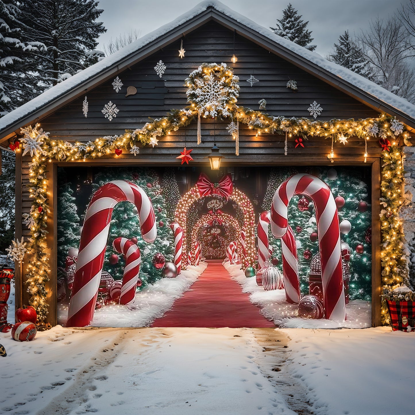 Christmas Garage Door Banner Decoration - Christmas Themed Backdrop With Giant Canes