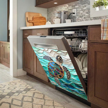 Sea Turtle Magnetic Dishwasher Cover Iridescent Sea Turtle In Turquoise Tides