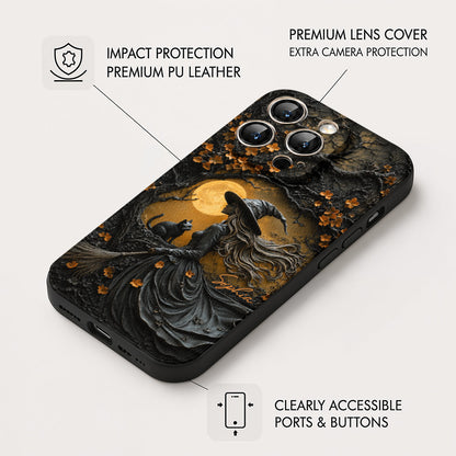 Witch Beneath the Autumn Moon Personalized Leather Phone Case Halloween Gift