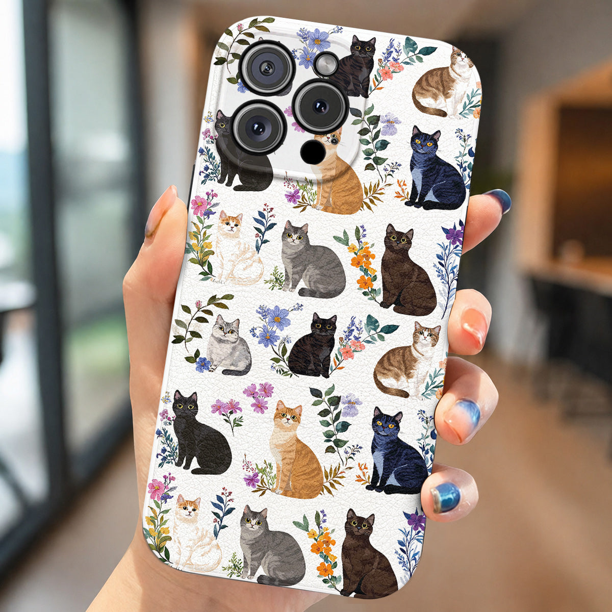 Cat Leather Phone Case Charming Floral Cats