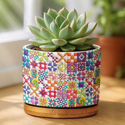 Sewing Lover Ceramic Plant Pot with Bamboo Tray Colorful Quilt Blocks