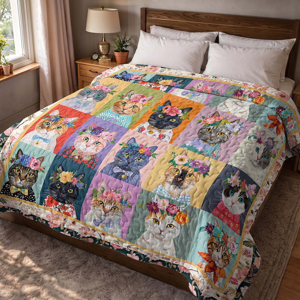 Cat Quilted Blanket Floral Cat Fantasy