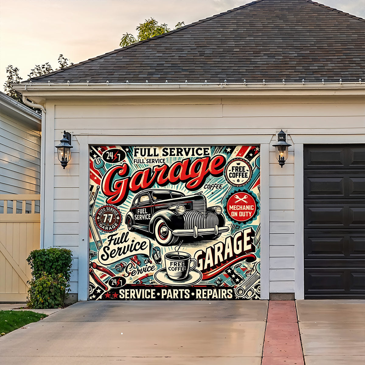 Garage Door Banner Retro Full-Service Garage