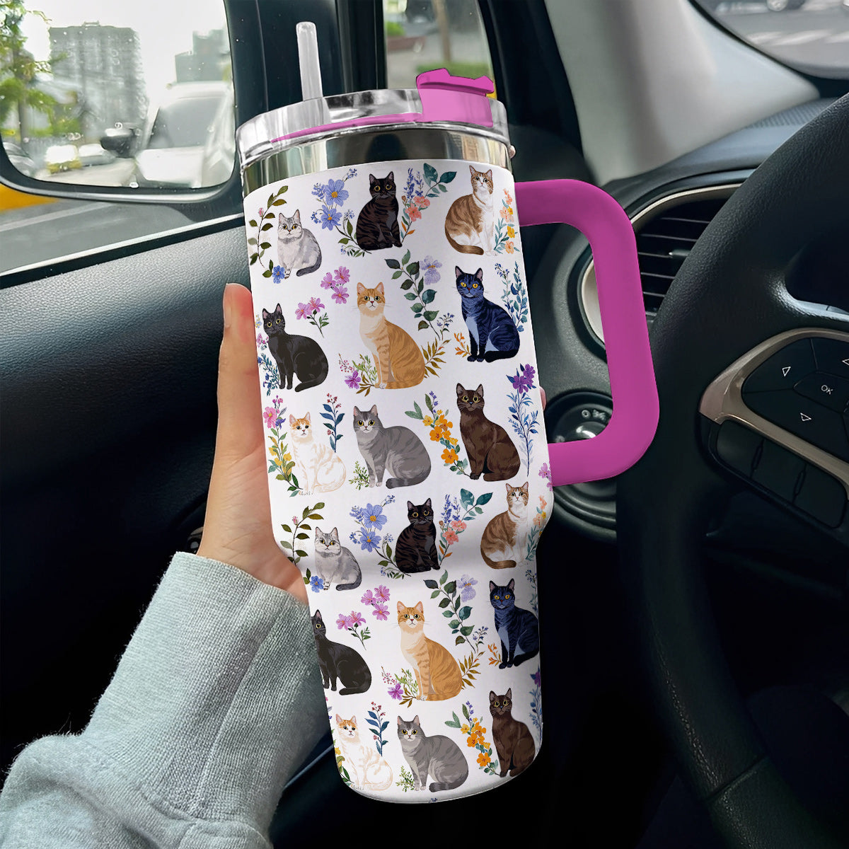 Cat 40 oz Tumbler Charming Floral Cats