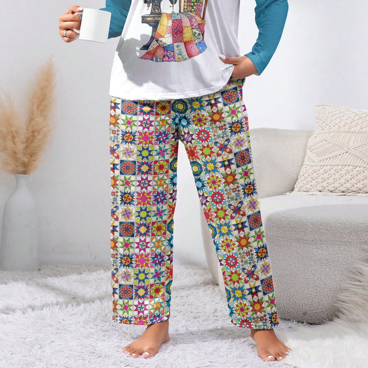 Sewing Lover Lounge Pants Colorful Star Quilt Blocks