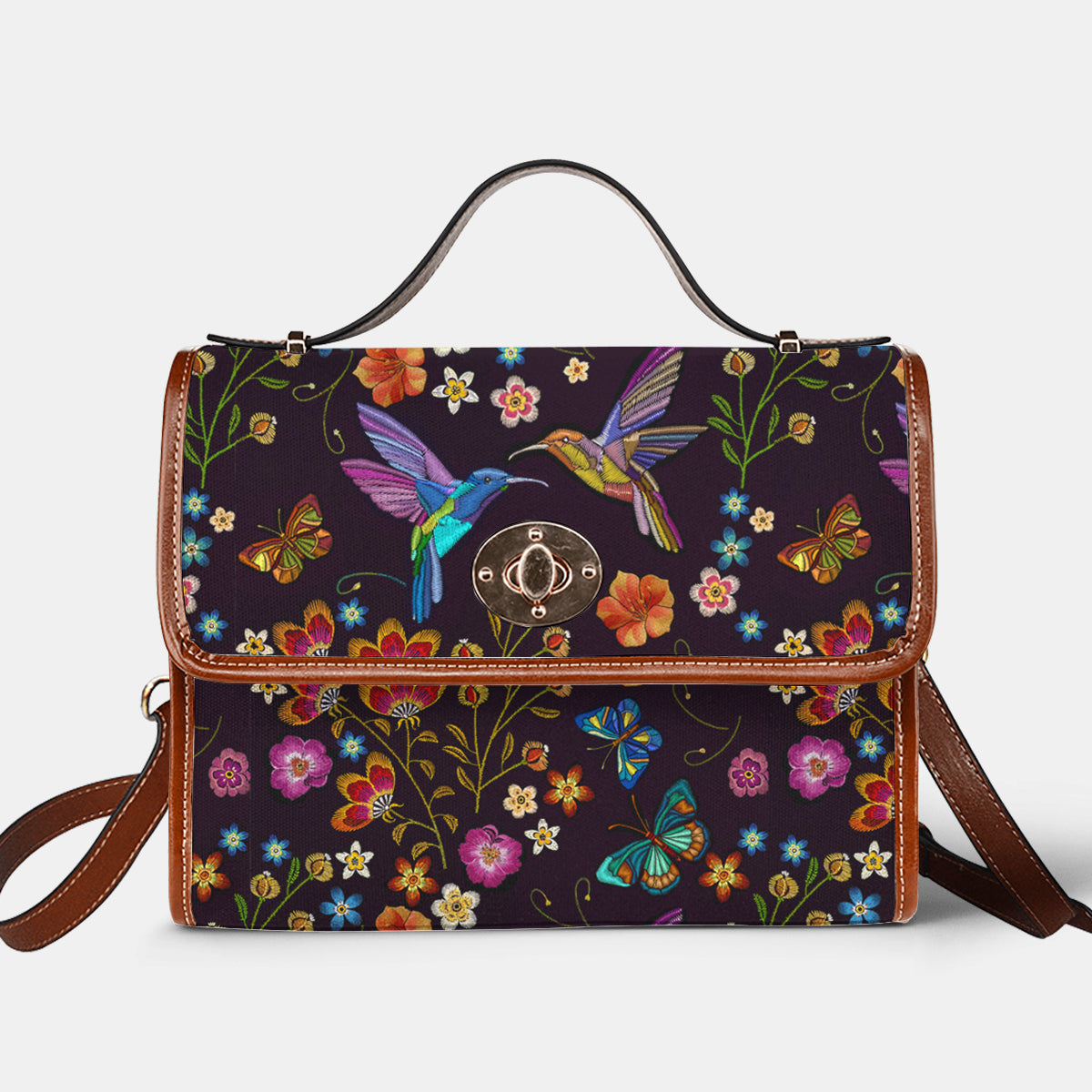 Hummingbird Satchel Handbag Fluttering Duet Faux-Embroidered