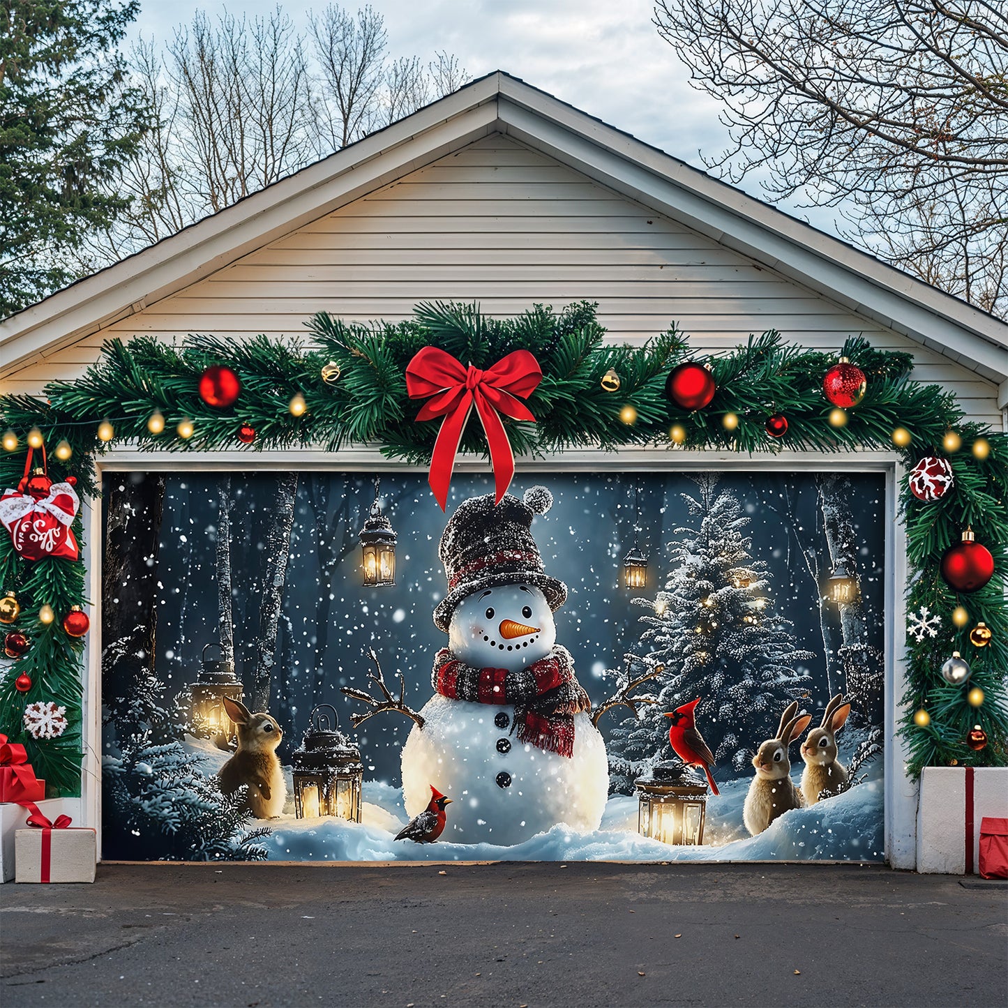 Christmas Garage Door Banner Decoration - Snowman and Forest Companions in a Lantern Lit Winter Scene