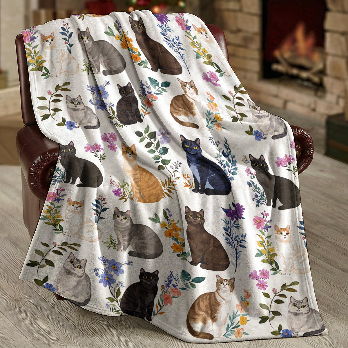 Cat Fleece Blanket Charming Floral Cats