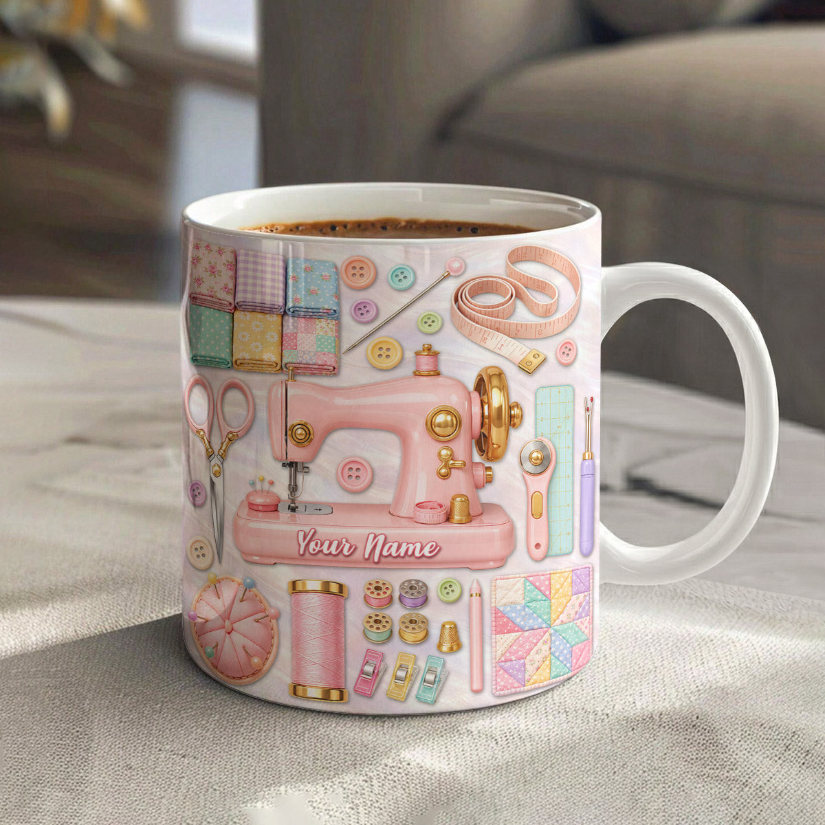 Sewing Lover Ceramic Mug Personalized Pastel Quilter’s Sewing Studio