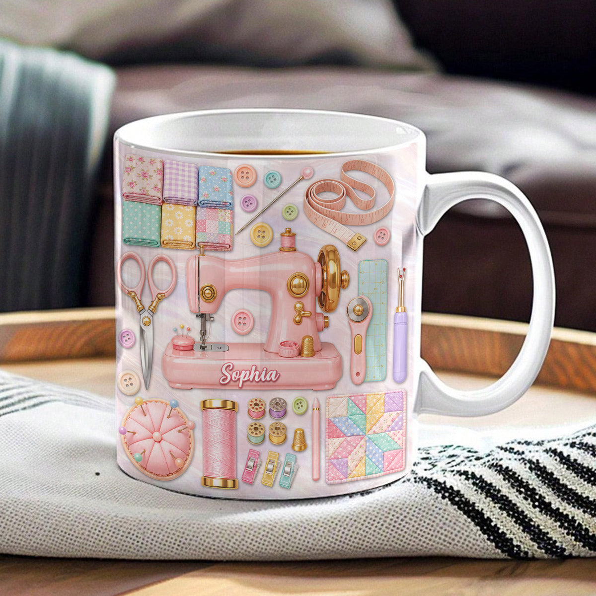 Sewing Lover Ceramic Mug Personalized Pastel Quilter’s Sewing Studio