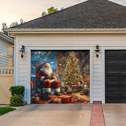 Christmas Garage Door Banner Decoration - Santa’s Cozy Workshop A Magical Christmas Eve with Elves and Gifts