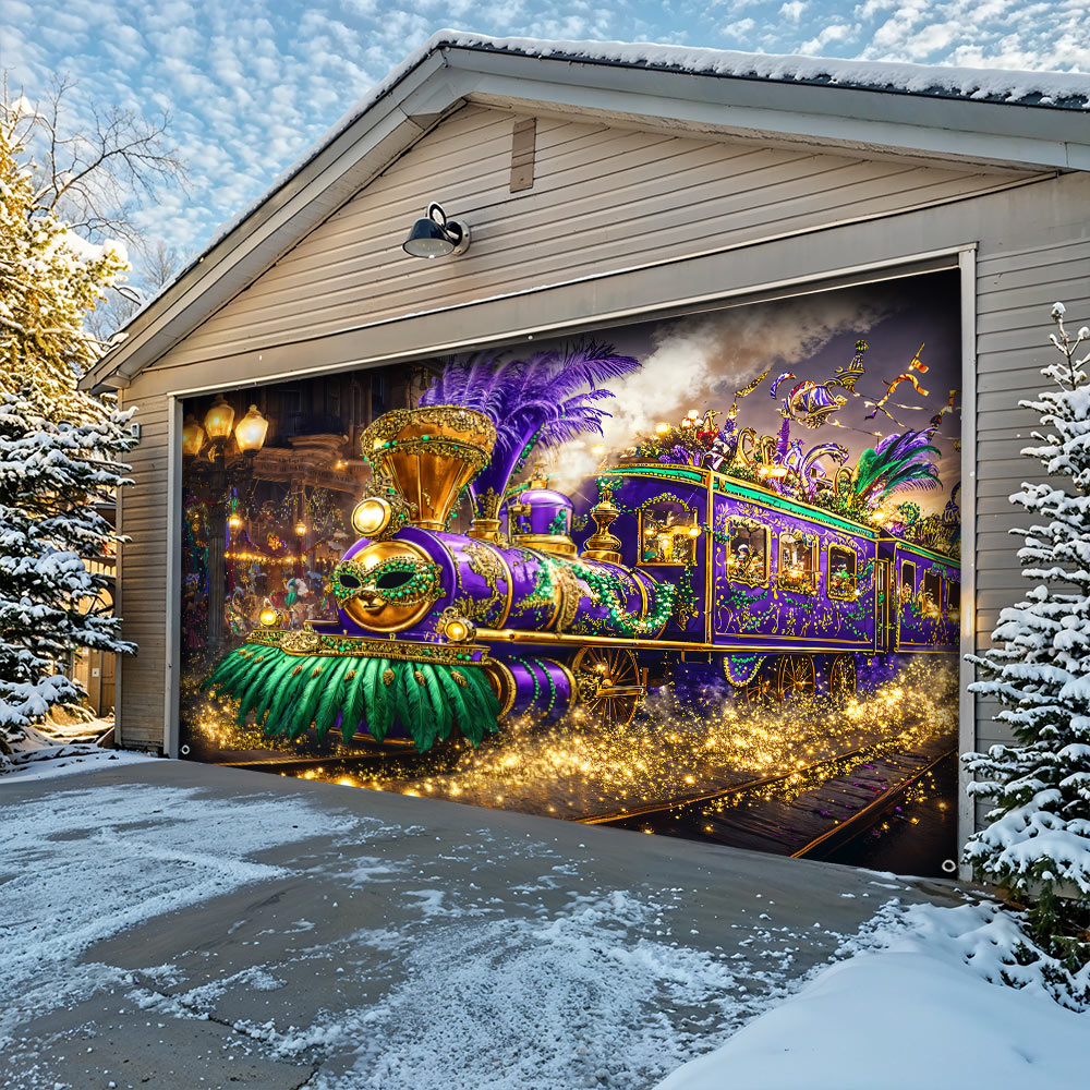 Mardi Gras Garage Door Banner Decoration - Masked Carnival Express