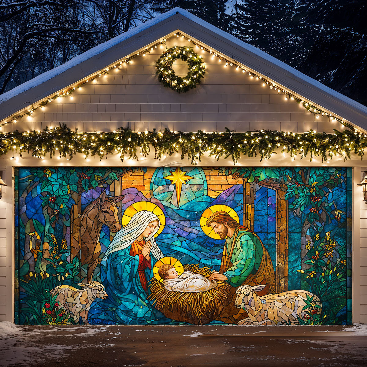 God Garage Door Banner Decoration Stained-Glass Nativity of Light