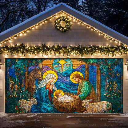 God Garage Door Banner Decoration Stained-Glass Nativity of Light