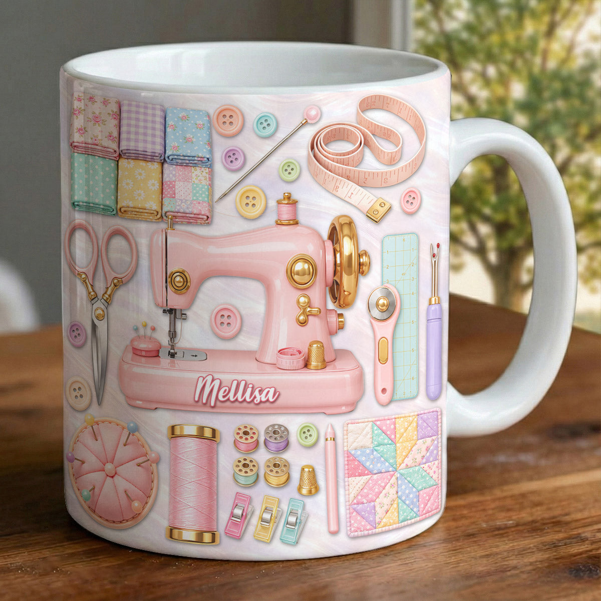 Sewing Lover Ceramic Mug Personalized Pastel Quilter’s Sewing Studio