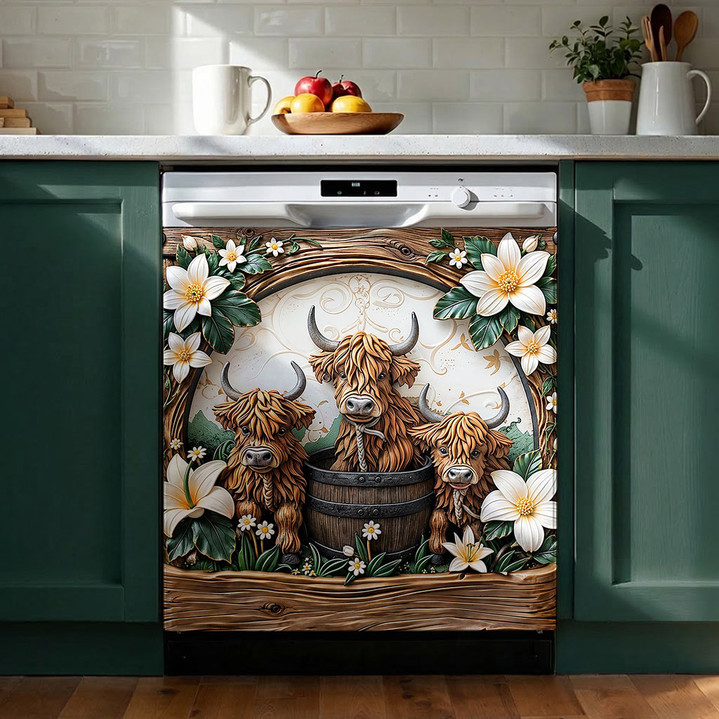 Highland Cow Magnetic Dishwasher Cover Highland Blooms & Barnwood