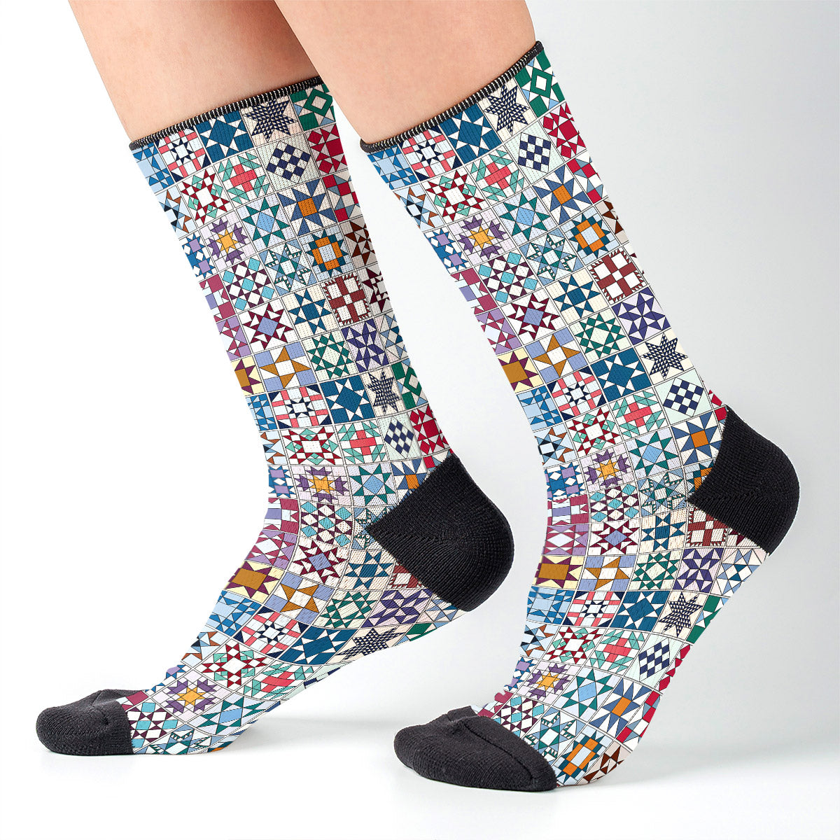 Sewing Lover Crew Socks Traditional Quilt Blocks