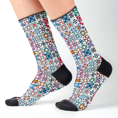 Sewing Lover Crew Socks Traditional Quilt Blocks