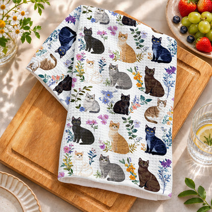 Cat Kitchen Towel Charming Floral Cats
