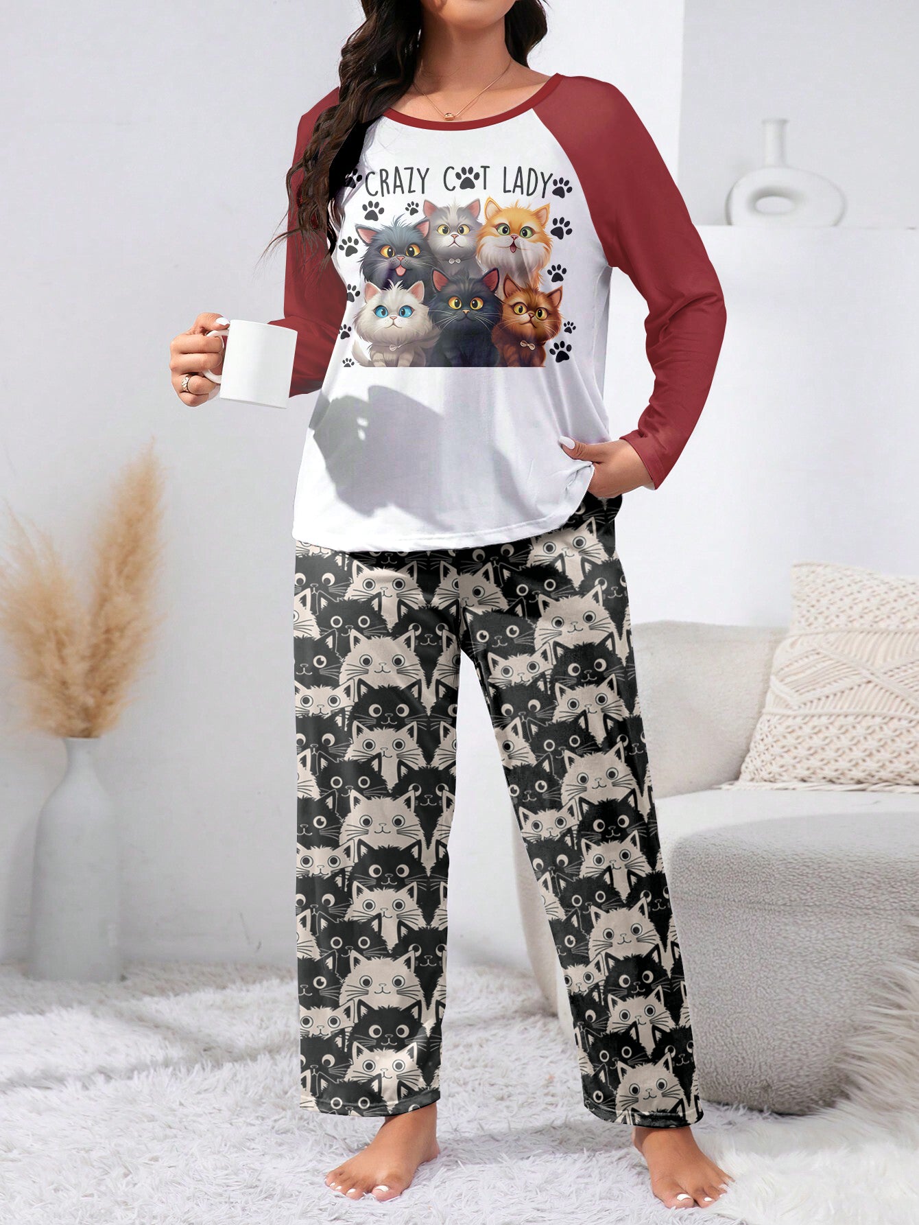 Cat Lover Raglan Lounge Pajamas Crazy Cat Lady