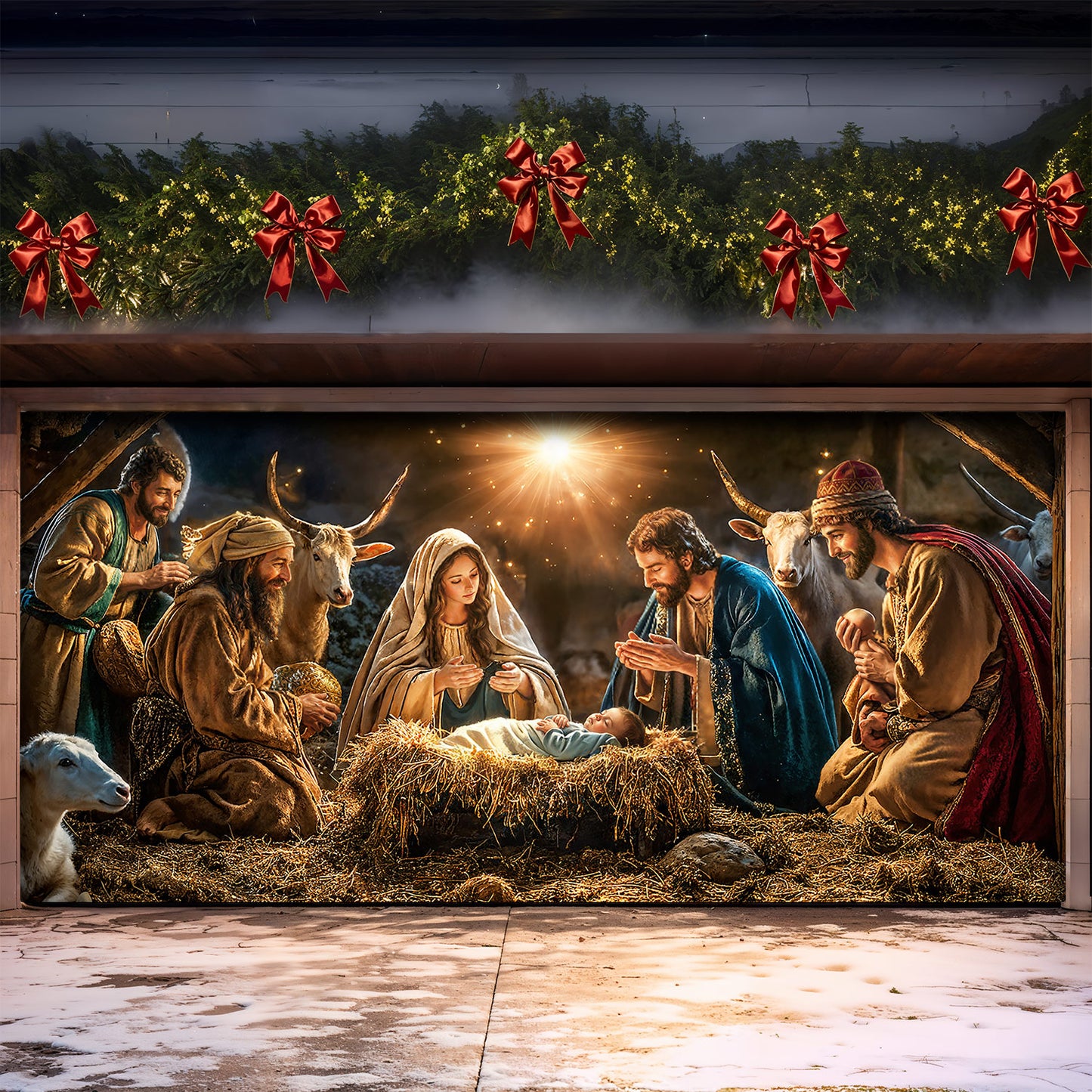 God Garage Door Banner Decoration - A Holy Night in Warm Light