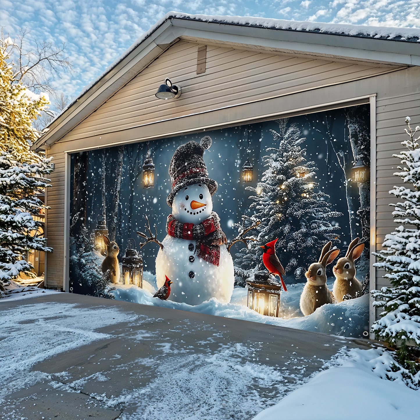 Christmas Garage Door Banner Decoration - Snowman and Forest Companions in a Lantern Lit Winter Scene