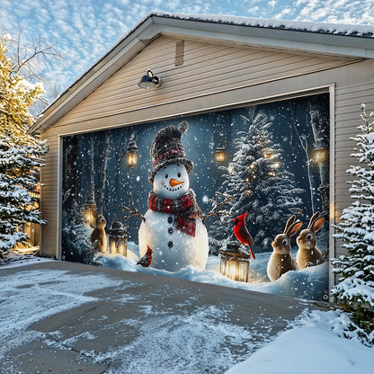 Christmas Garage Door Banner Decoration - Snowman and Forest Companions in a Lantern Lit Winter Scene