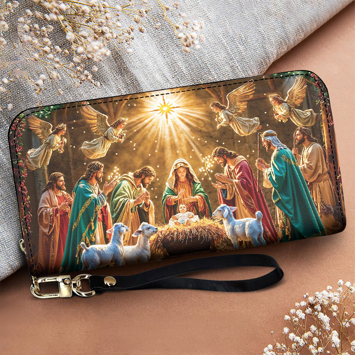 God Leather Wallet Divine Light at the Manger The Nativity Scene