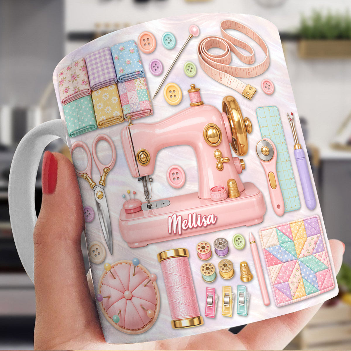 Sewing Lover Ceramic Mug Personalized Pastel Quilter’s Sewing Studio