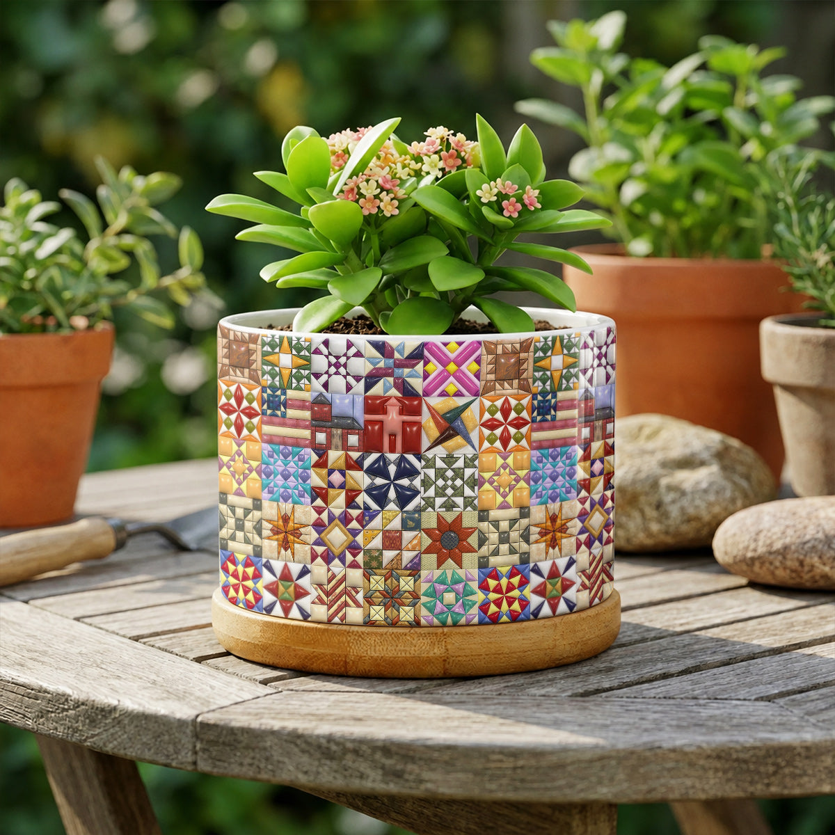 Sewing Lover Ceramic Plant Pot with Bamboo Tray Quilt Blocks