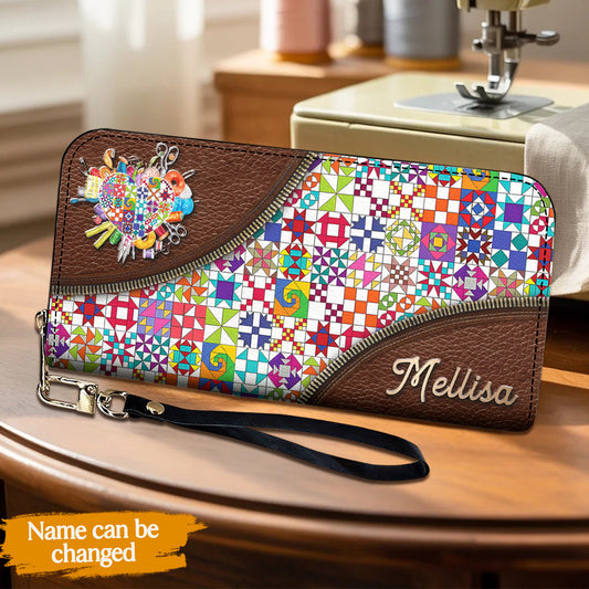 Sewing Lover Leather Wallet Personalized ColorBust Quilt Blocks