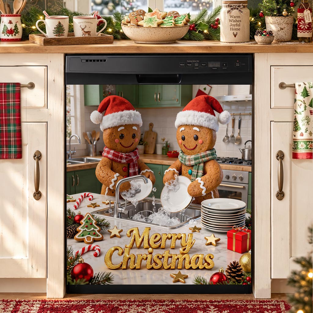 Christmas Magnetic Dishwasher Cover Gingerbread Christmas Kitchen Cheer