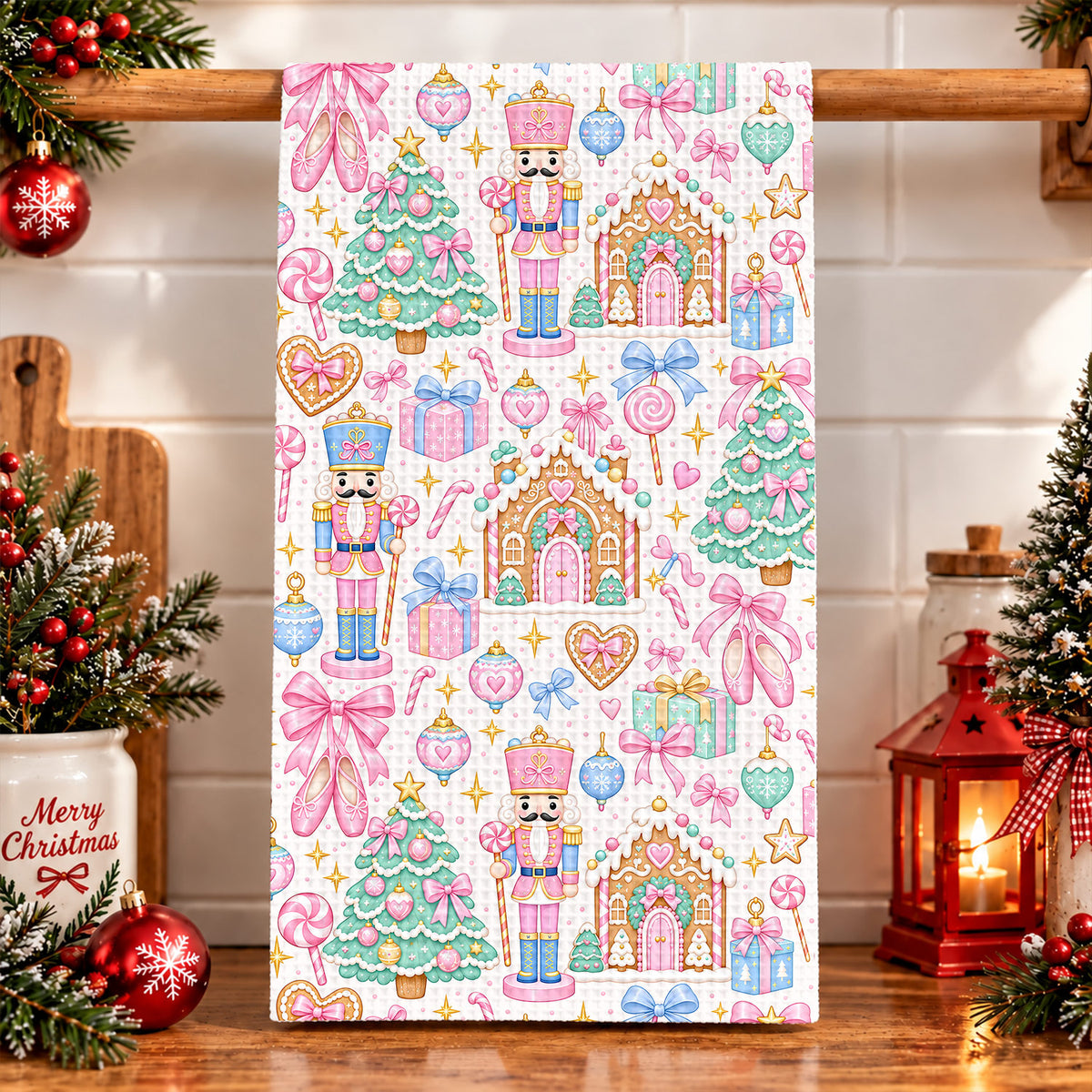 Christmas Kitchen Towel Pink Nutcracker Wonderland