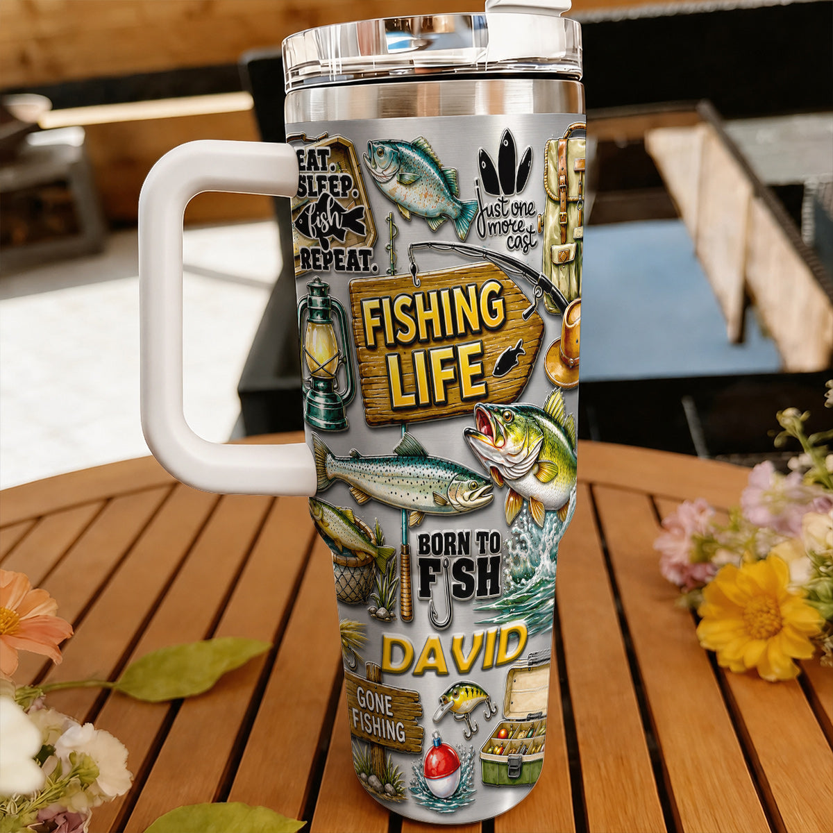 Personalized Fishing Tumbler 40 Oz with Handle – Fisherman Gift, Fishing Lover Travel Mug