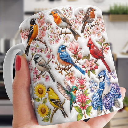 Bird Lovers Ceramic Mug Puffy Spring Birds Blossom Garden