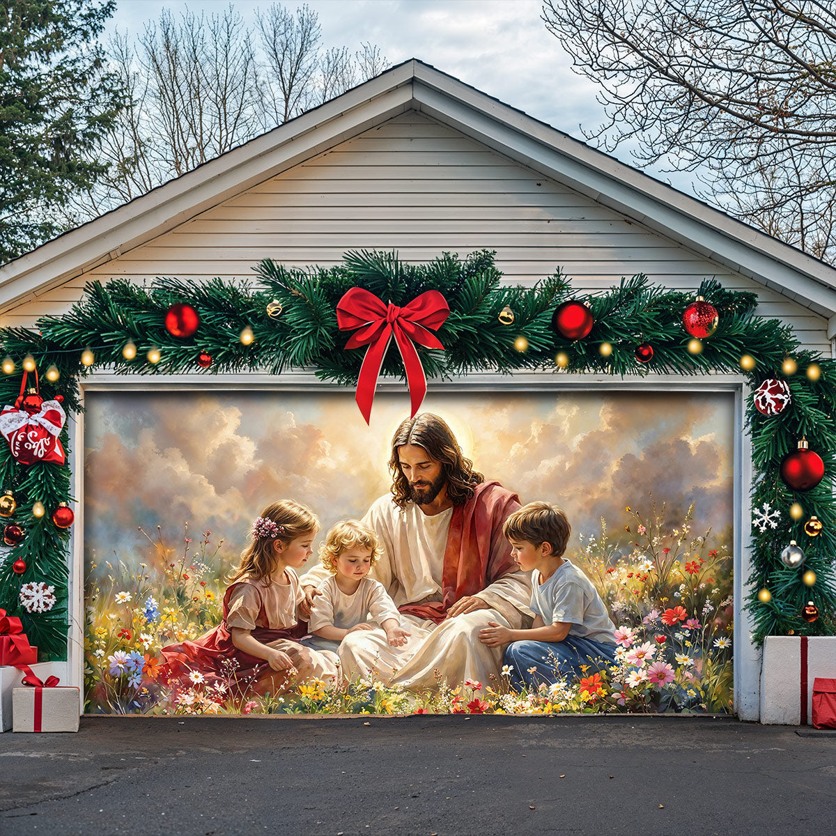 God Garage Door Banner Decoration - Jesus and the Little Ones In the Wildflower Meadow
