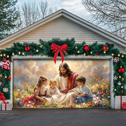 God Garage Door Banner Decoration - Jesus and the Little Ones In the Wildflower Meadow