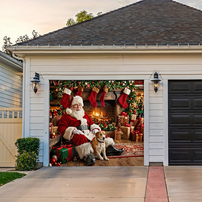 Christmas Garage Door Banner Decoration - Warm Wishes by the Fireplace