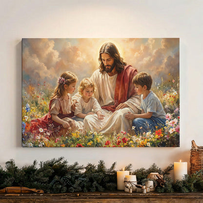 God Wooden-Framed Canvas Wall Art Jesus and the Little Ones In the Wildflower Meadow