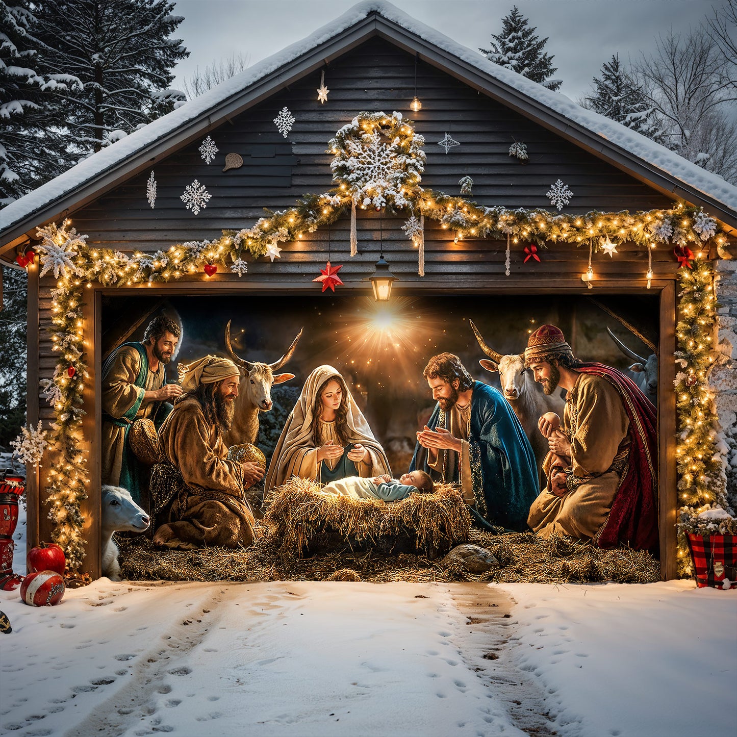 God Garage Door Banner Decoration - A Holy Night in Warm Light