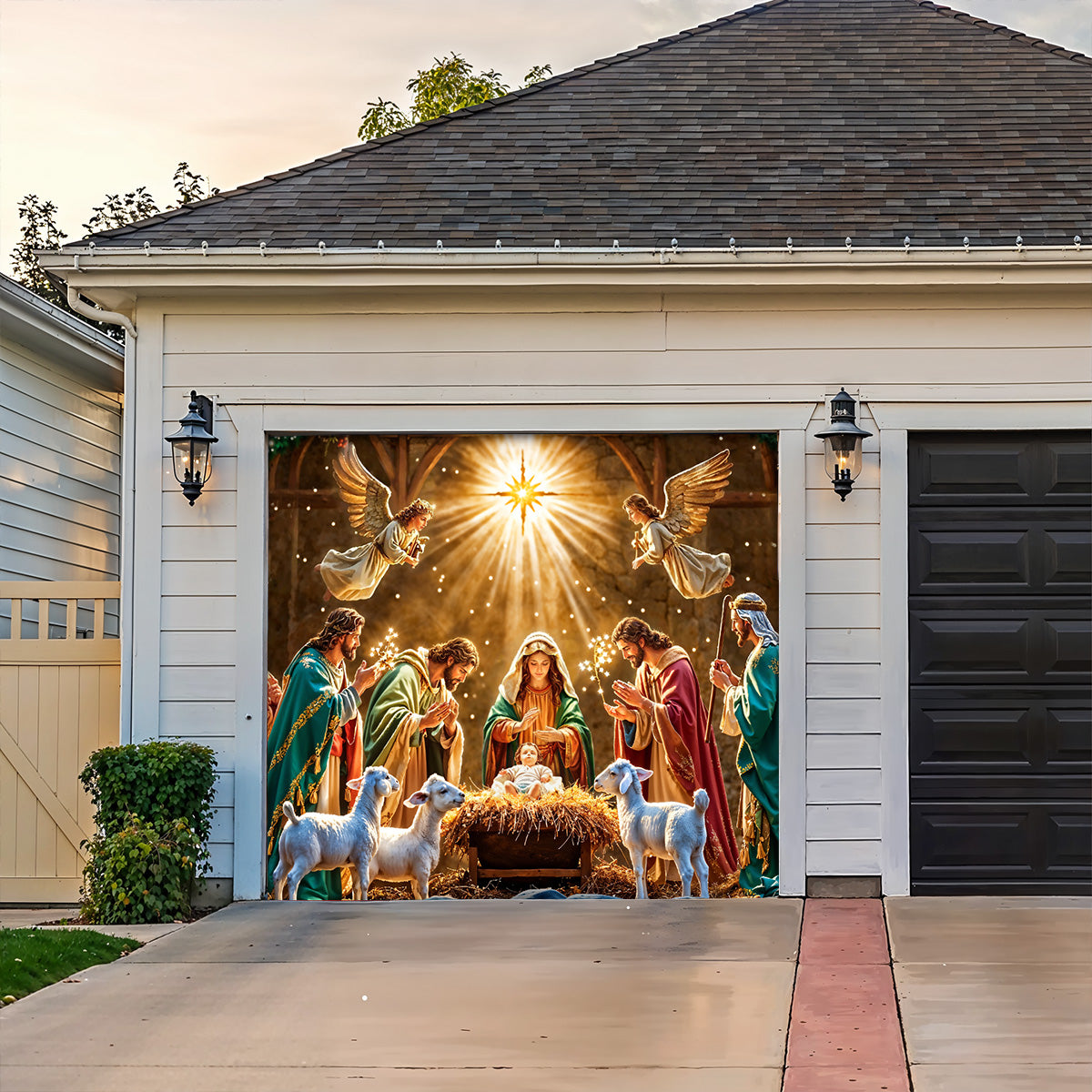 God Garage Door Banner Decoration - Divine Light at the Manger The Nativity Scene