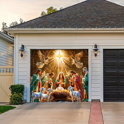 God Garage Door Banner Decoration - Divine Light at the Manger The Nativity Scene