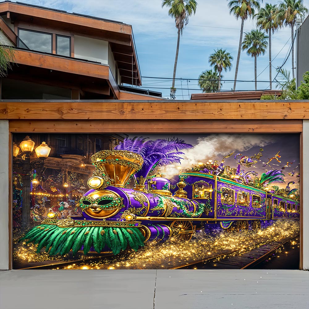 Mardi Gras Garage Door Banner Decoration - Masked Carnival Express