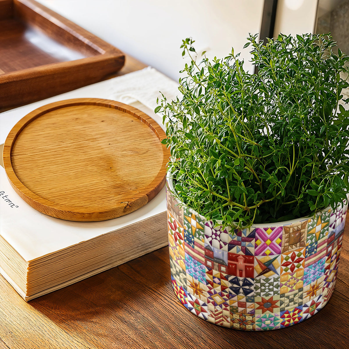 Sewing Lover Ceramic Plant Pot with Bamboo Tray Quilt Blocks