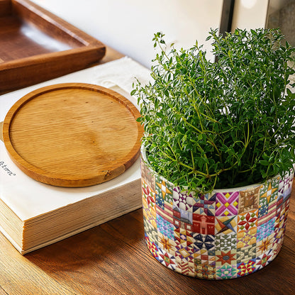 Sewing Lover Ceramic Plant Pot with Bamboo Tray Quilt Blocks