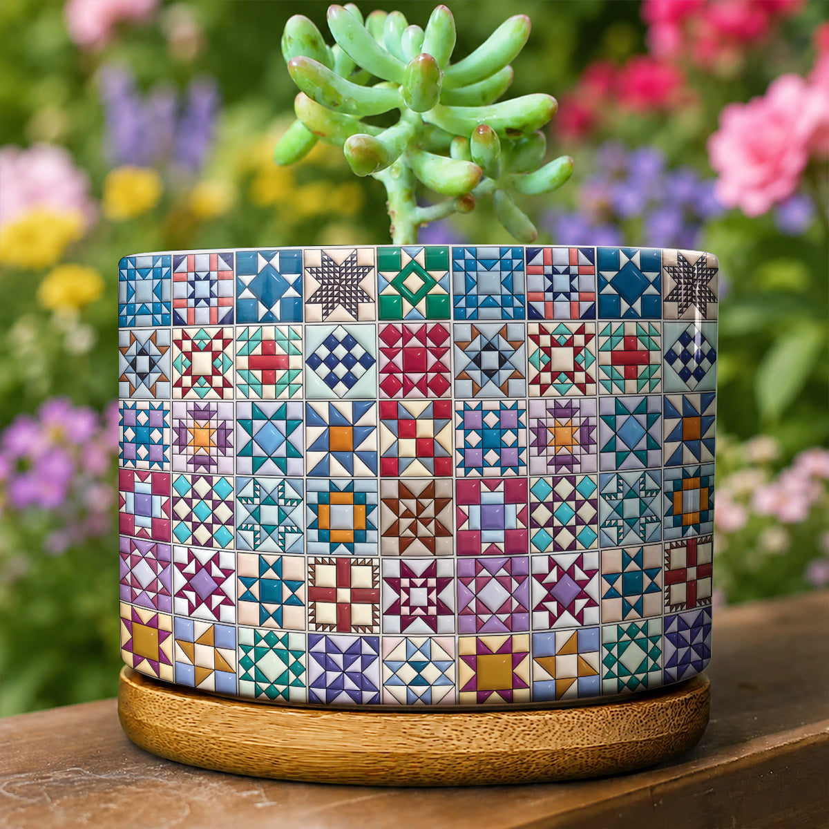 Sewing Lover Ceramic Plant Pot with Bamboo Tray Traditional Quilt Blocks
