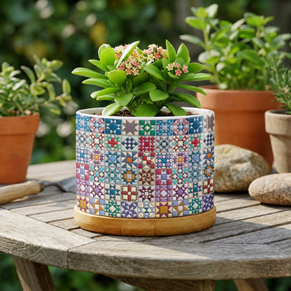 Sewing Lover Ceramic Plant Pot with Bamboo Tray Traditional Quilt Blocks