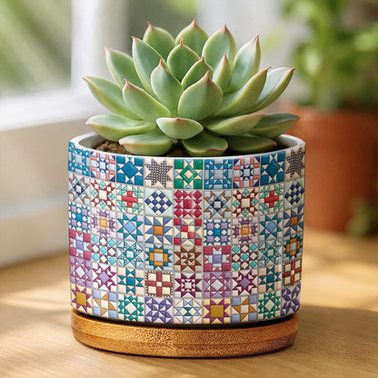 Sewing Lover Ceramic Plant Pot with Bamboo Tray Traditional Quilt Blocks